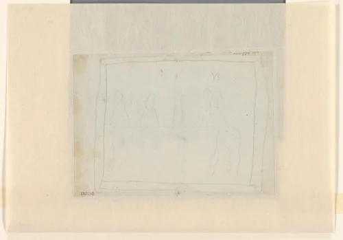 Ruwe schets (of kindertekening?) van een groep personen rond een tafel by anonymous, drawing, 1700-1800