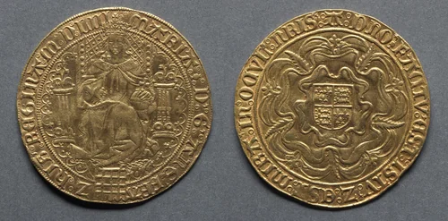 Sovereign: Mary Enthroned (obverse); Shield of Royal Arms on a Tudor Rose (reverse) by Unknown, metalwork, 1553