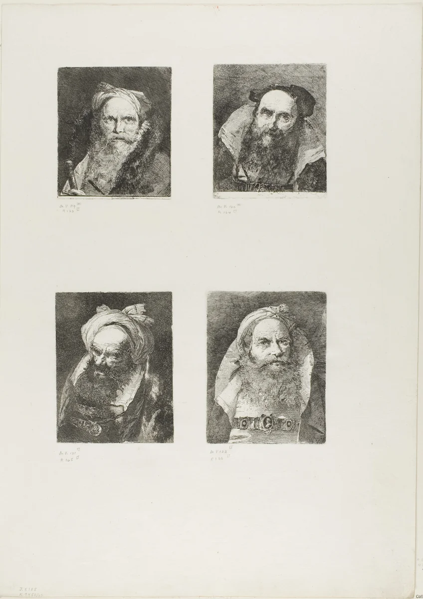 Old Man with a Sword, Smiling Old Man, Old Man with a Turban, Old Man with a Small Turban by Giovanni Domenico Tiepolo, print, 1775