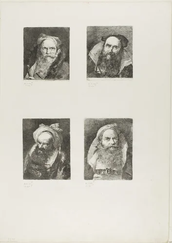 Old Man with a Sword, Smiling Old Man, Old Man with a Turban, Old Man with a Small Turban by Giovanni Domenico Tiepolo, print, 1775