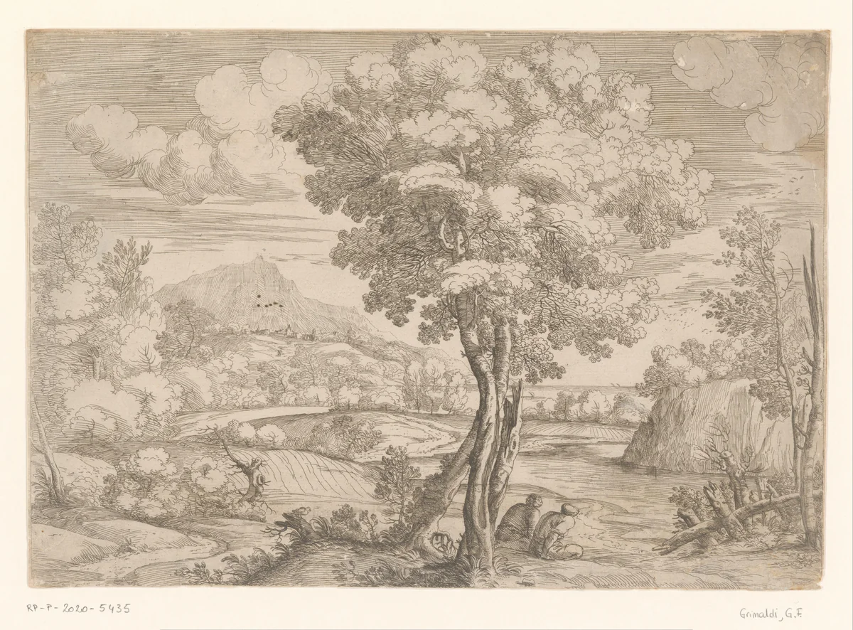 Landschap met vogel op boomstronk by Giovanni Francesco Grimaldi, print, 1627-1680