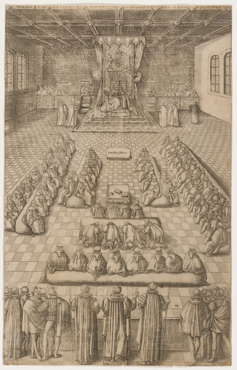 James I in Parliament by Renold Elstrack, print, 1610