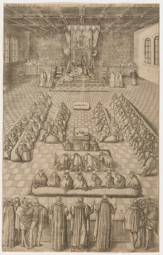 James I in Parliament by Renold Elstrack, print, 1610