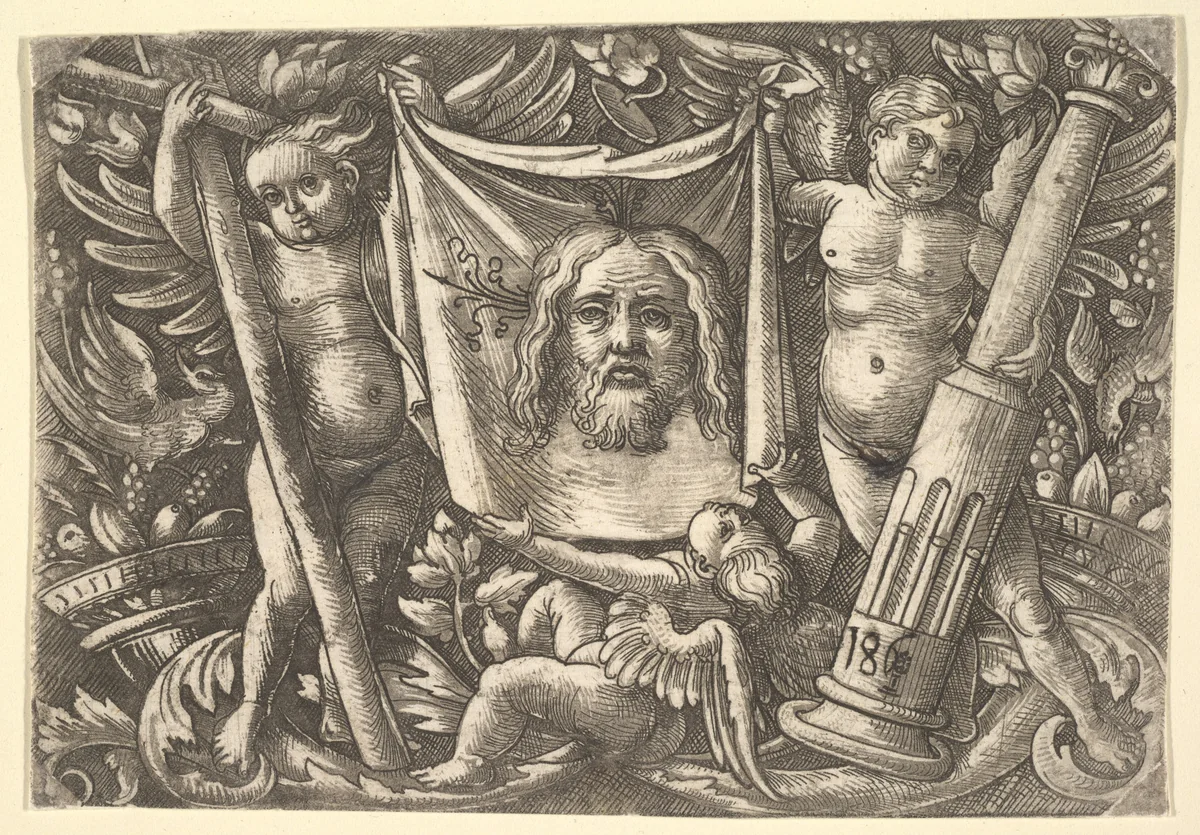The Sudarium Held by Two Angels by Daniel Hopfer, print, 1510-1520