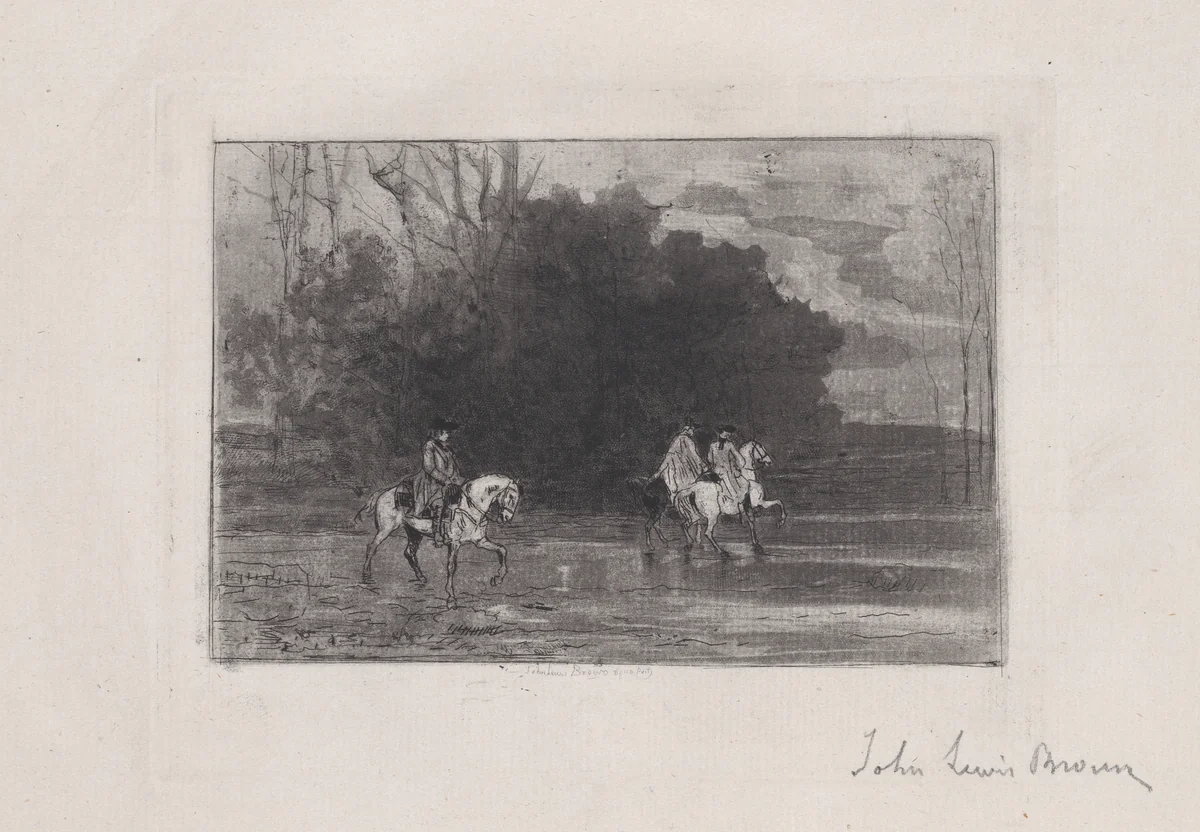 Landscape with three riders by John Lewis Brown, print, 1847-1890