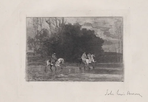 Landscape with three riders by John Lewis Brown, print, 1847-1890