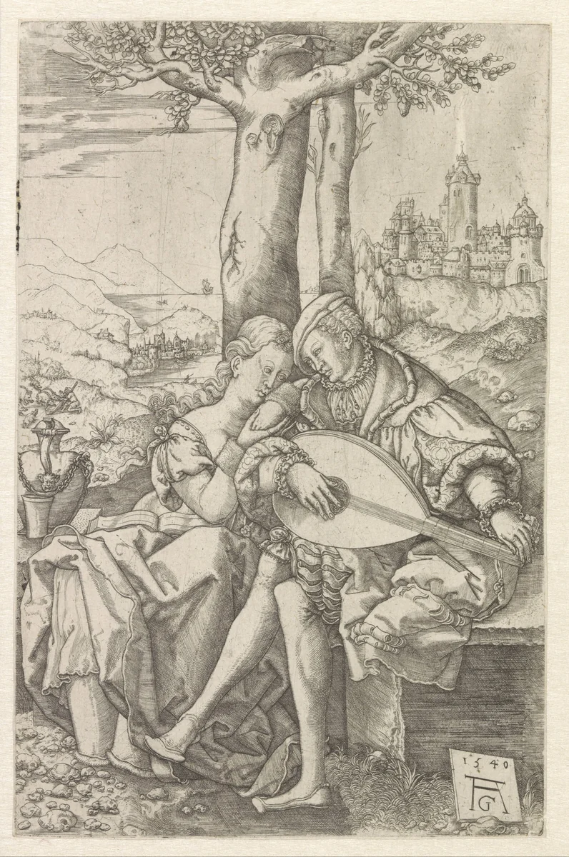 Twee verliefden onder een boom by Unknown, print, 1540