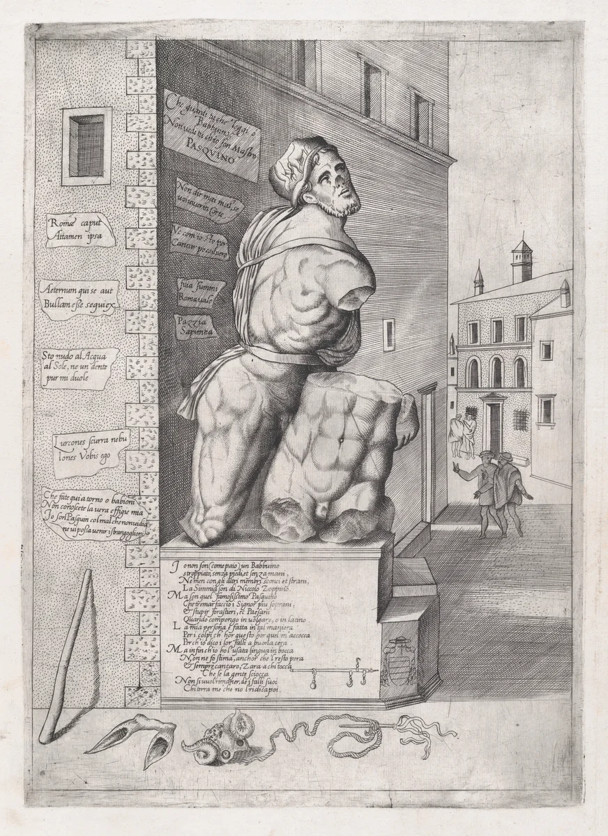 Statue of Pasquin in the House of Cardinal Ursino, from "Speculum Romanae Magnificentiae" by Nicolas Beatrizet, print, 1530-1550