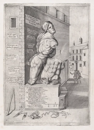 Statue of Pasquin in the House of Cardinal Ursino, from "Speculum Romanae Magnificentiae" by Nicolas Beatrizet, print, 1530-1550