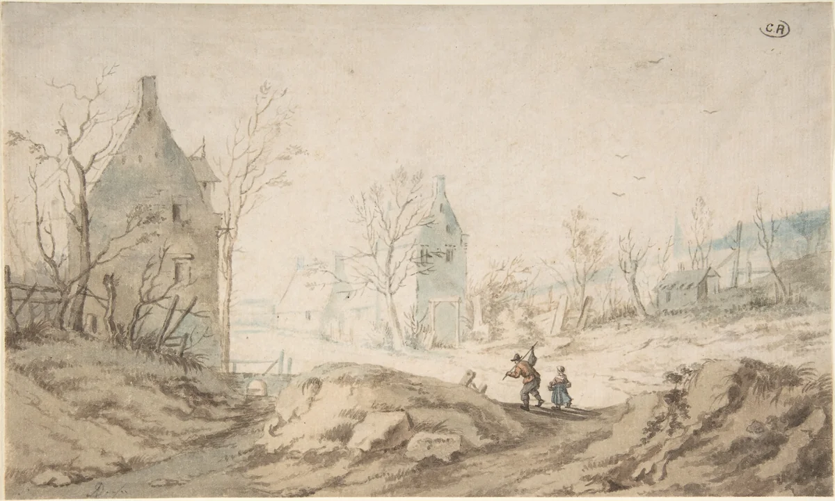 Winter Landscape with Two Peasants Walking by August Dahlsteen, drawing, 1710-1769