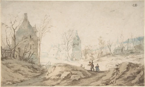 Winter Landscape with Two Peasants Walking by August Dahlsteen, drawing, 1710-1769