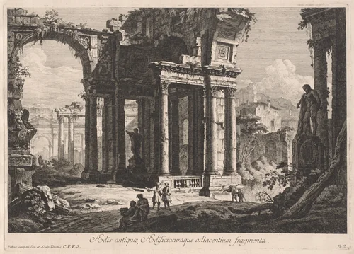 AEdis antiquae, AEdificiorumque adiacentium fragmenta by Pietro Gaspari; Giuseppe Lante, print, 1771