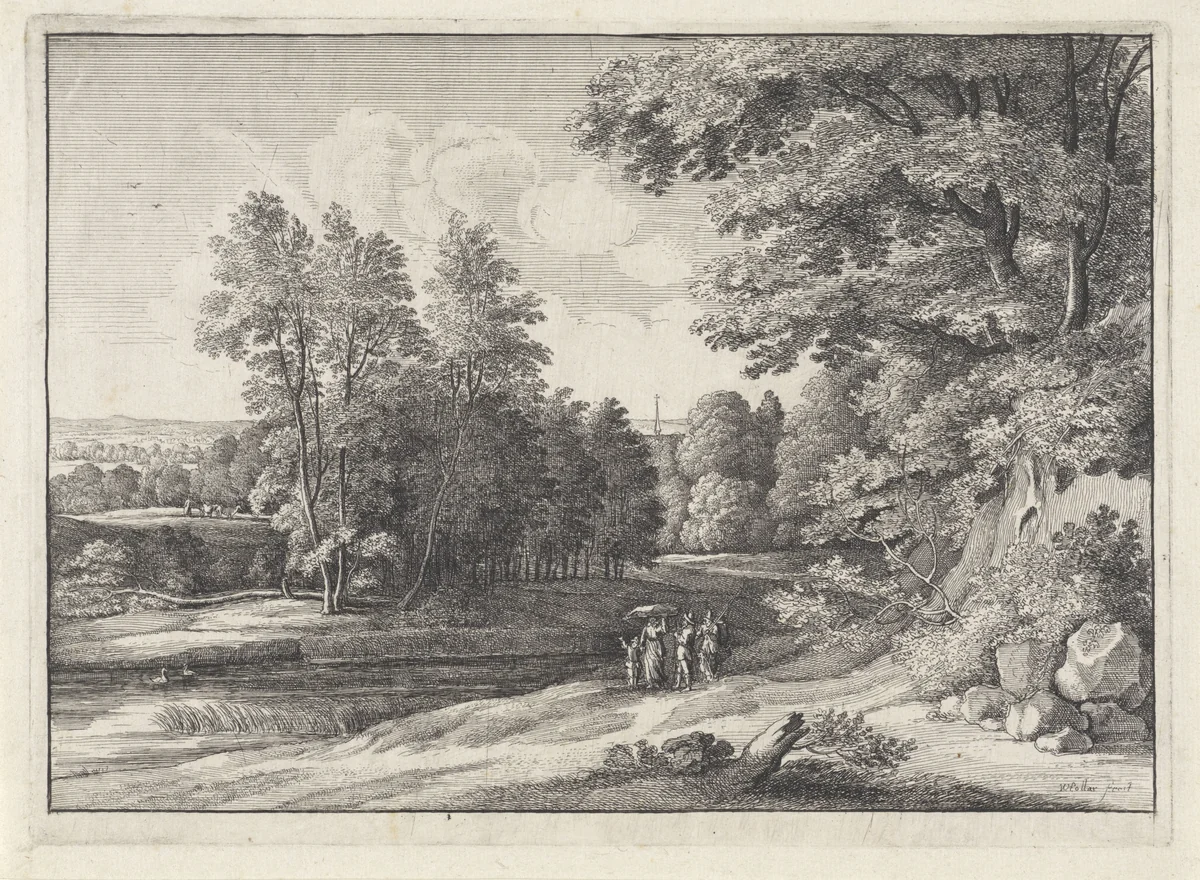 Landschap met figuren bij een meertje by Wenceslaus Hollar, print, 1648-1650