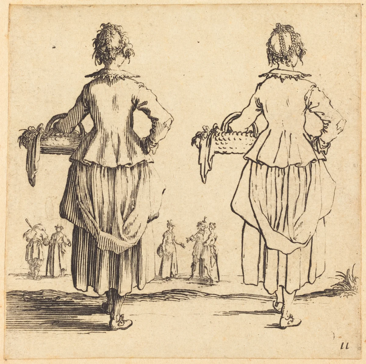 Peasant Woman with Basket, Seen from Behind by Jacques Callot, print, 1621-1624