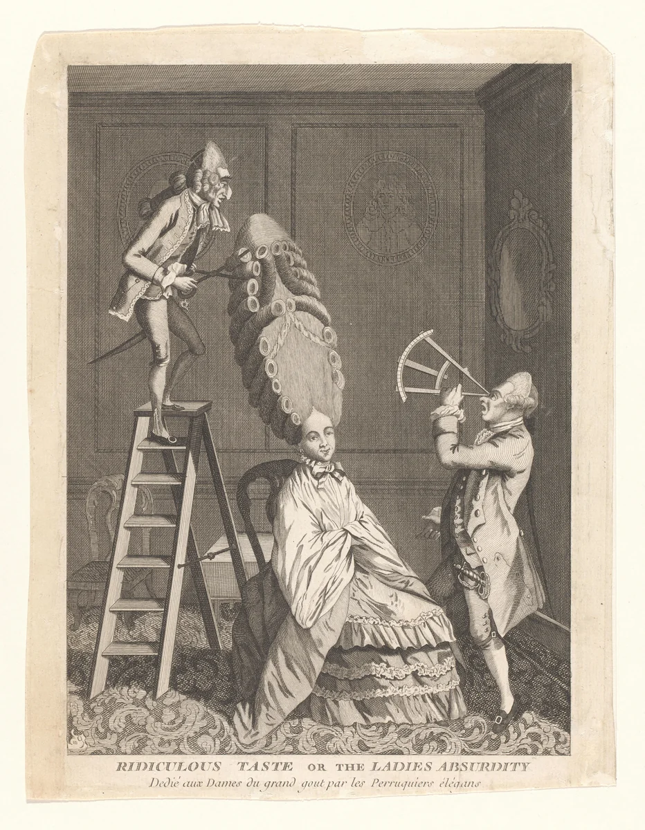 Vrouw wordt extreem hoog kapsel aangemeten by anonymous, other, 1770-1799