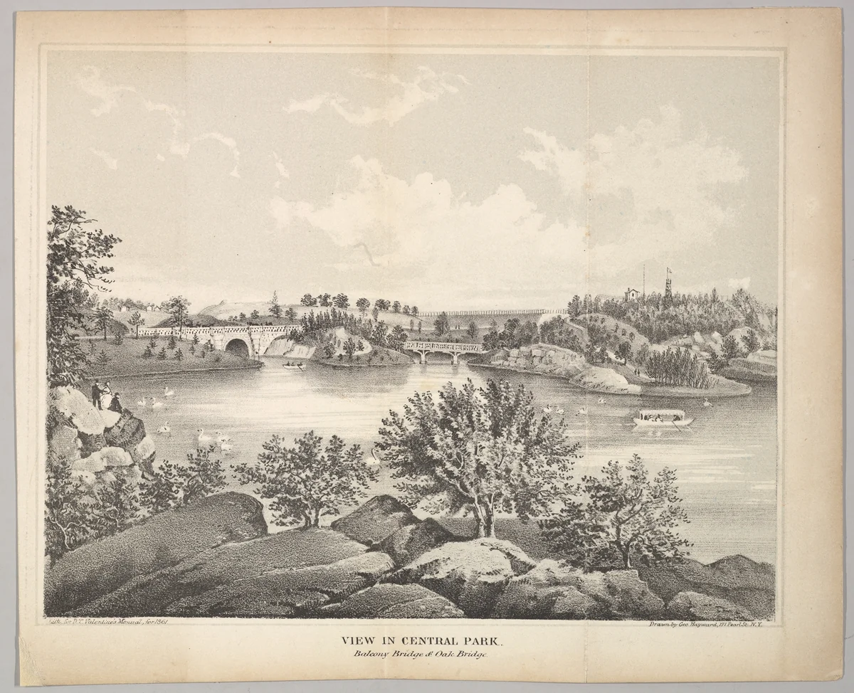 View in Central Park with Balcony Bridge and Oak Bridge (Valentine's Manual) by George Hayward, print, 1861