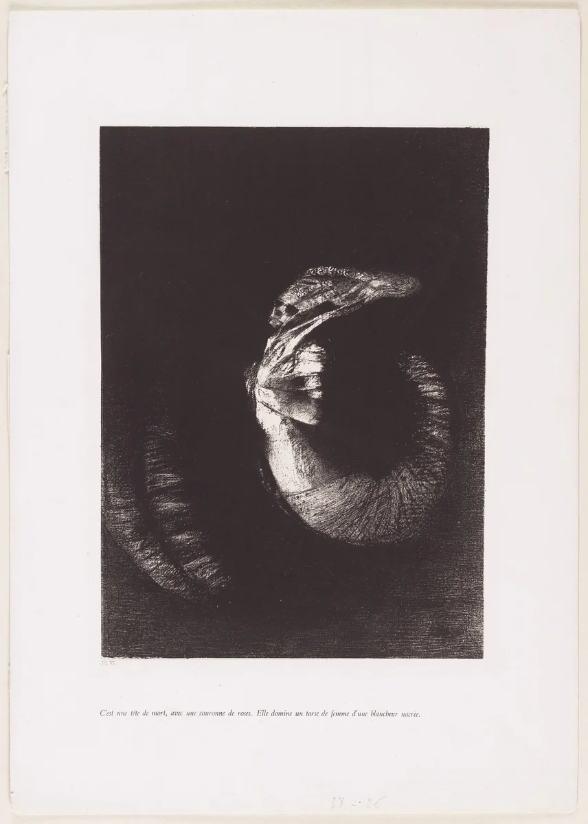 It Is a Skull, Crowned with Roses. It Dominates a Woman's Pearly-White Torso (C'est une tête de mort, avec une couronne des roses. Elle domine un torse de femme d'une blancheur nacrée) from The Temptation of Saint Anthony (La Tentation de Saint-Antoine) by Odilon Redon, print, 1888