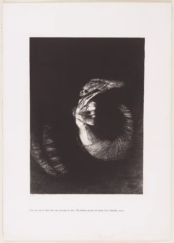 It Is a Skull, Crowned with Roses. It Dominates a Woman's Pearly-White Torso (C'est une tête de mort, avec une couronne des roses. Elle domine un torse de femme d'une blancheur nacrée) from The Temptation of Saint Anthony (La Tentation de Saint-Antoine) by Odilon Redon, print, 1888