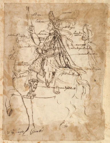 Costume design for Jacopo Giraldi, depicted on horse back by Baccio del Bianco, drawing, 1604-1656