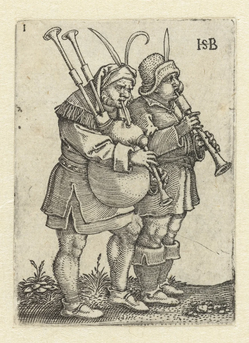 Twee muzikanten met schalmey en doedelzak by Unknown, print, 1537