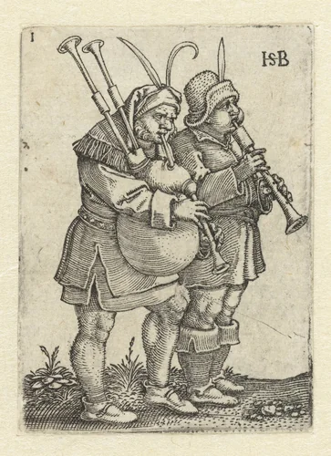 Twee muzikanten met schalmey en doedelzak by Unknown, print, 1537