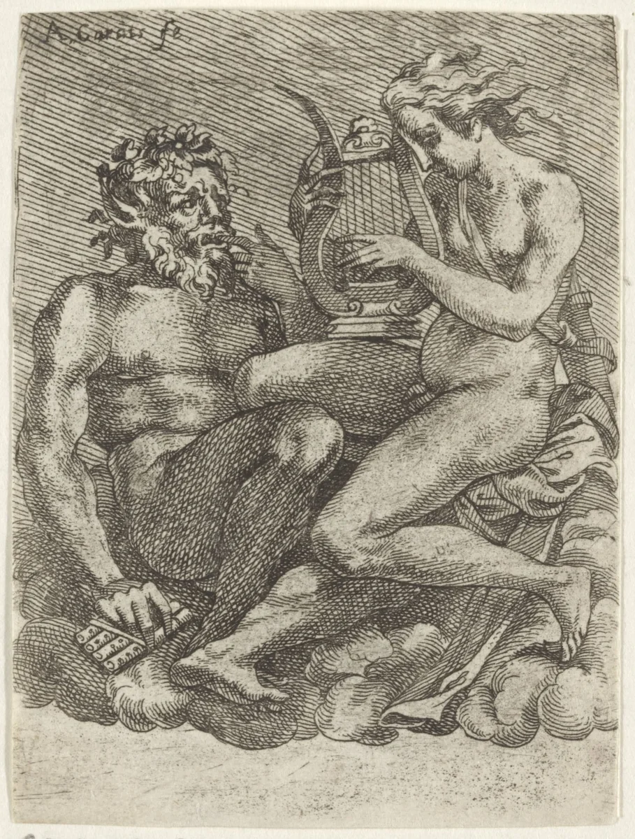 Pan en Hermaphroditus by Unknown, print, 1570-1609