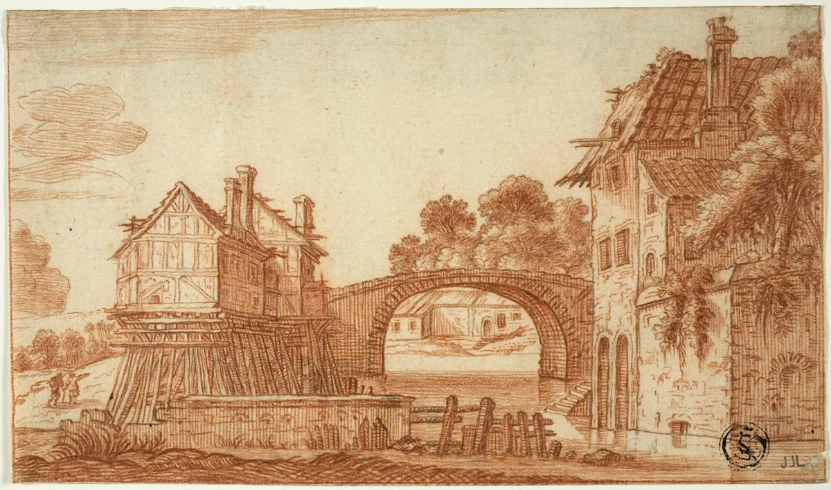 Old Houses on Canal by Jan van de Velde, drawing, 1610-1630