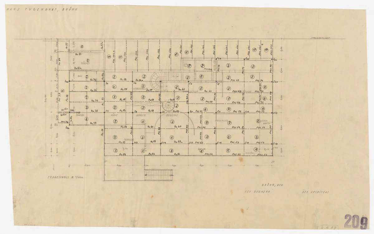 Tugendhat House, Brno, Czech Republic (Ground floor plan) by Ludwig Mies van der Rohe, mies van der rohe archive, 1928