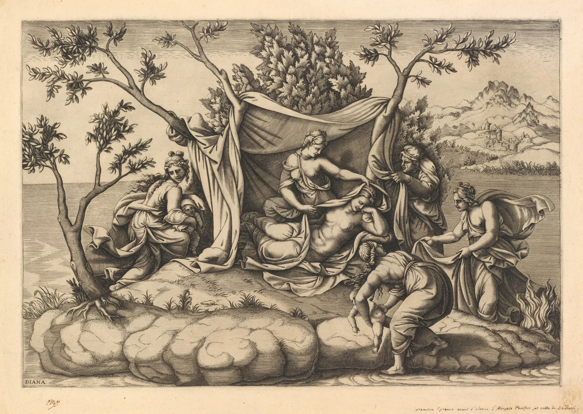 Latona Giving Birth to Apollo and Diana on the Island of Delos by Diana Scultori; Giulio Romano, print, 1561-1565