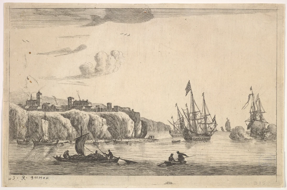 Seaport with Village on a Cliff by Reinier Nooms, print, 1635-1670