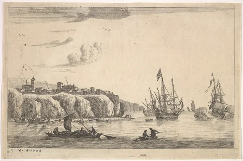 Seaport with Village on a Cliff by Reinier Nooms, print, 1635-1670