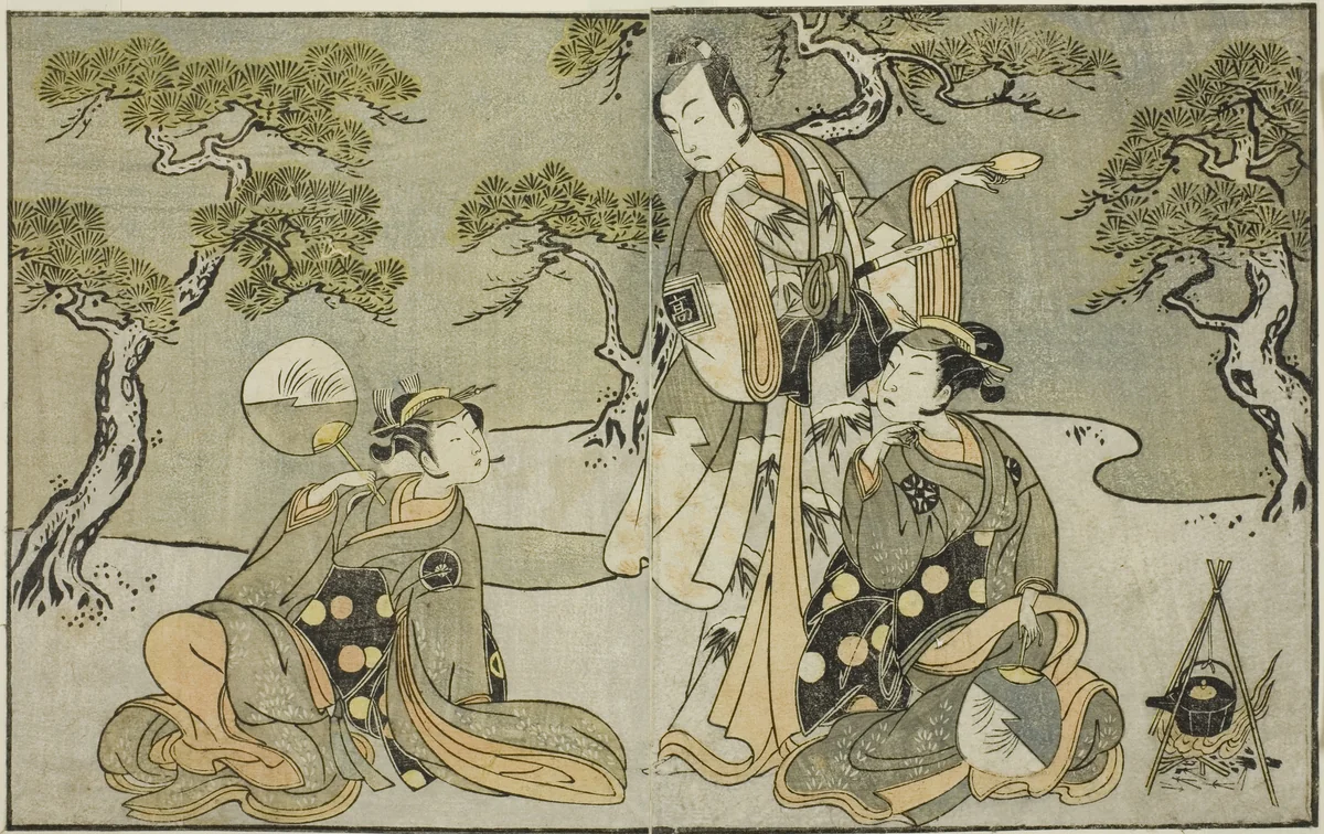 The Actors Nakamura Nakazo I as Matsukaze (right), Ichikawa Komazo II as Ariwara no Yukihira (center), and Iwai Hanshiro IV as Murasame (left), in the Play Kuni no Hana Ono no Itsumoji, Performed at the Nakamura Theater in the Eleventh Month, 1771 by Katsukawa Shunsho (勝川 春章), print, 1767-1777