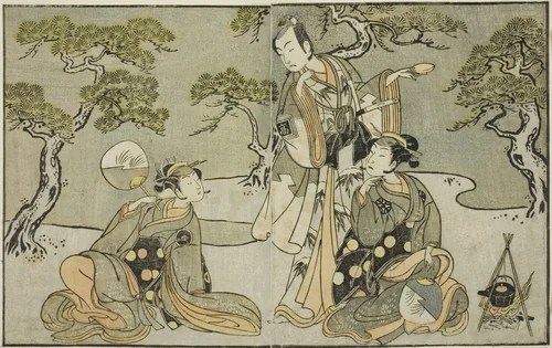 The Actors Nakamura Nakazo I as Matsukaze (right), Ichikawa Komazo II as Ariwara no Yukihira (center), and Iwai Hanshiro IV as Murasame (left), in the Play Kuni no Hana Ono no Itsumoji, Performed at the Nakamura Theater in the Eleventh Month, 1771 by Katsukawa Shunsho (勝川 春章), print, 1767-1777