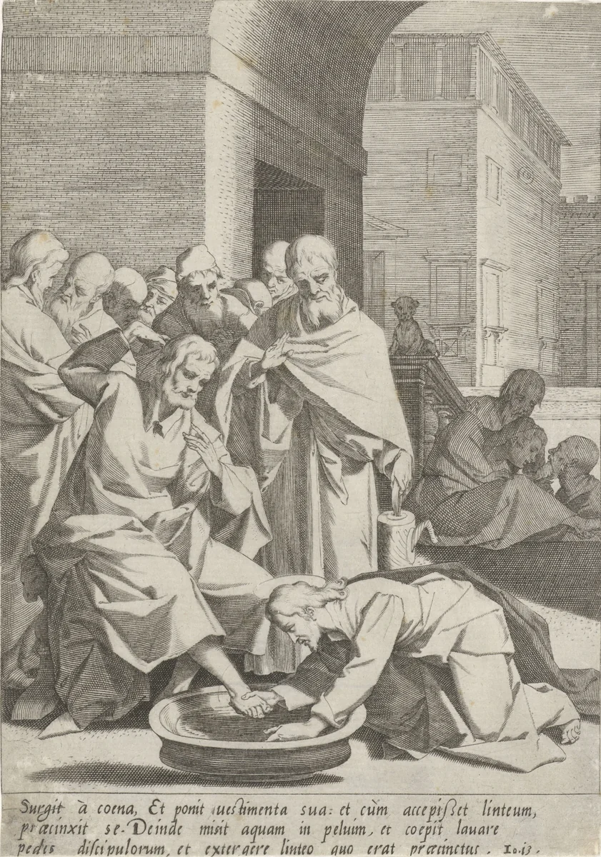Voetwassing by Pieter de Jode, print, 1590-1632