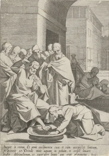 Voetwassing by Pieter de Jode, print, 1590-1632