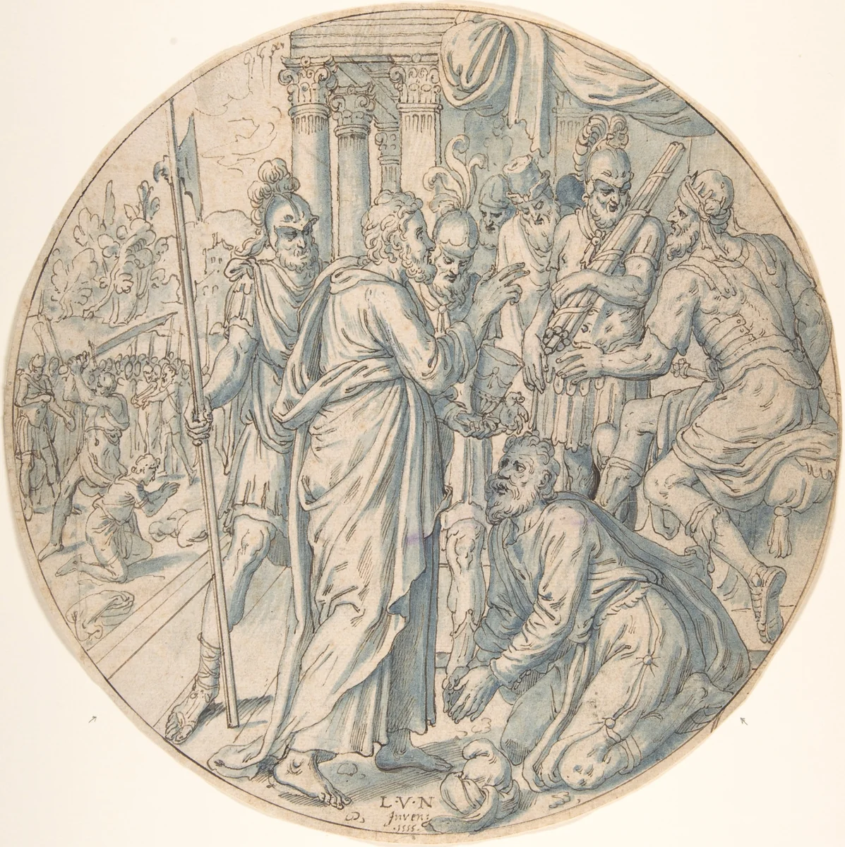 St. George and the Sorcerer of Dacian by Lambert van Noort, drawing, 1555