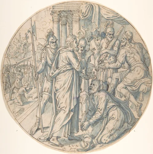 St. George and the Sorcerer of Dacian by Lambert van Noort, drawing, 1555