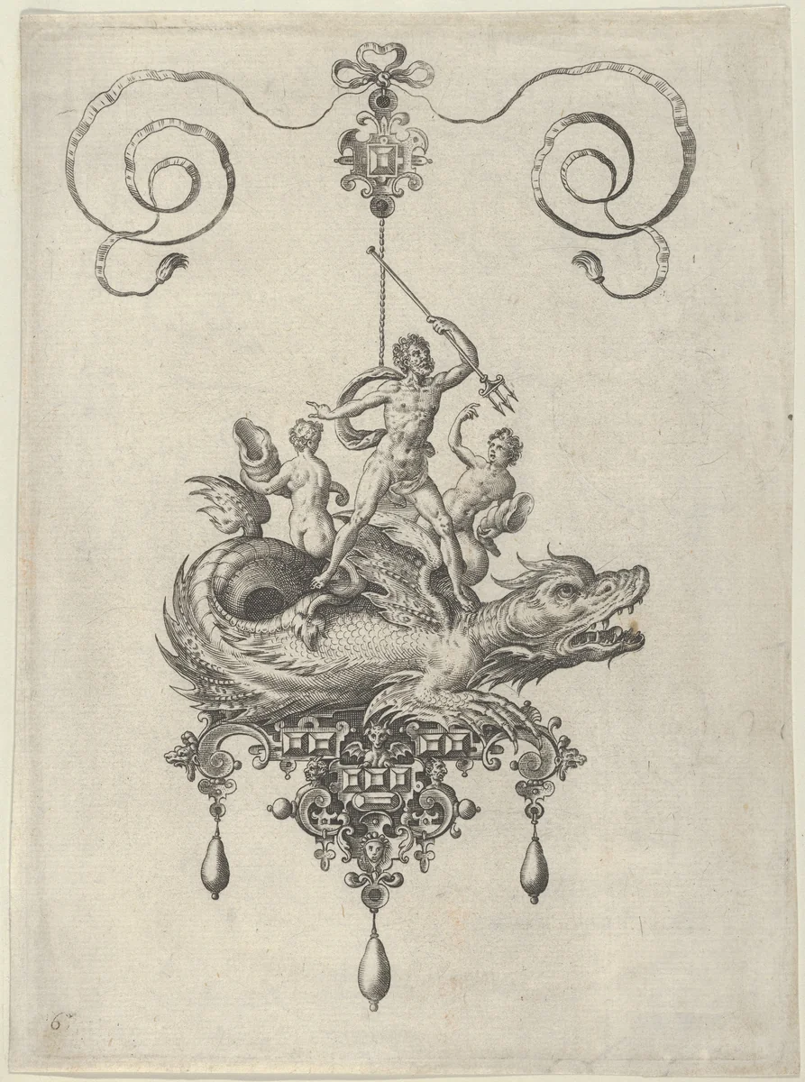 Pendant Design with a Sea Monster Carrying Neptune Flanked by Two Figures with Horns by Adriaen Collaert, print, 1582