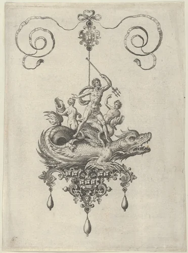 Pendant Design with a Sea Monster Carrying Neptune Flanked by Two Figures with Horns by Adriaen Collaert, print, 1582