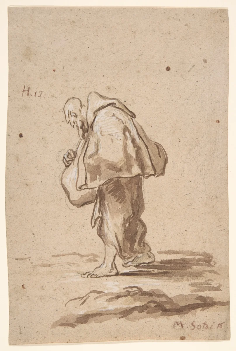 Standing Pilgrim Friar by Alessandro Magnasco, drawing, 1700-1725