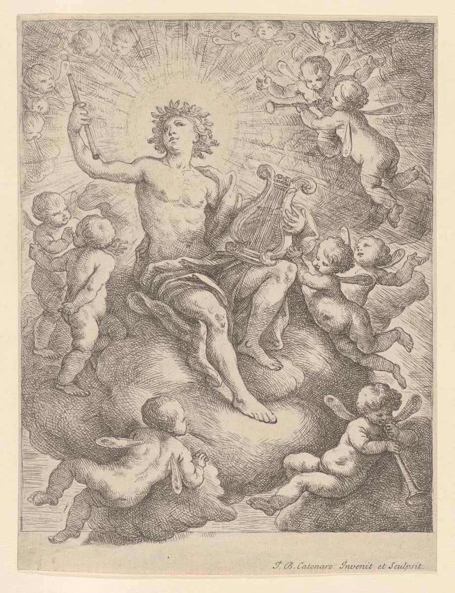 Apollo, seated on a cloud and holding a lyre and pipe, surrounded by putti by Giovanni Battista Catenaro, print, 1692-1727
