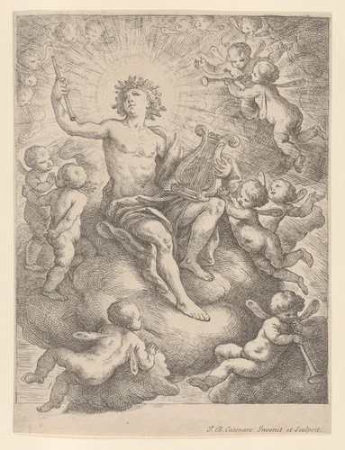 Apollo, seated on a cloud and holding a lyre and pipe, surrounded by putti by Giovanni Battista Catenaro, print, 1692-1727