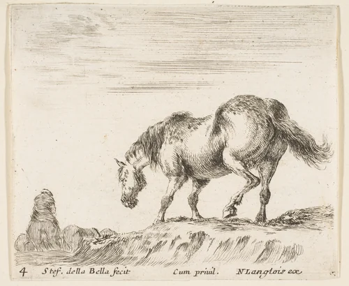 A horse in profile facing the left, about to descend from a mound, a horseman to left in background, plate 4 from "Diversi capricci" by Stefano della Bella, print, 1639-1649