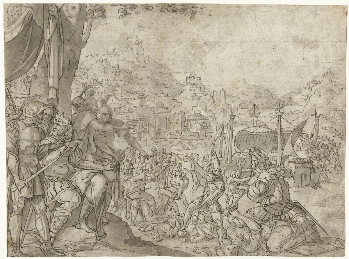 Martelaarschap van de heilige Ursula en de elfduizend maagden by anonymous, drawing, 1550