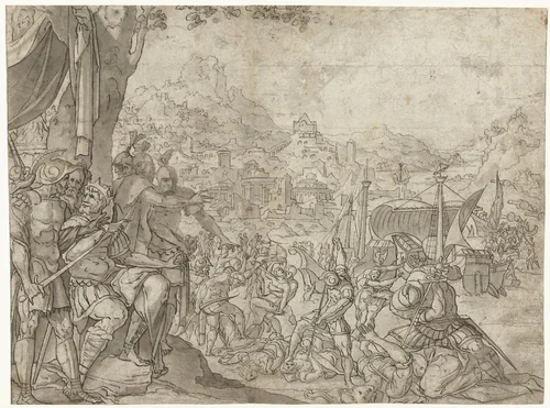 Martelaarschap van de heilige Ursula en de elfduizend maagden by anonymous, drawing, 1550