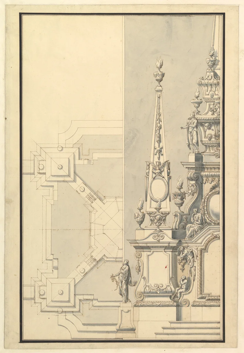 Half Ground Plan and Half Elevation for a Catafalque for a Prince of Hanover, probably Ernst August (1674–1728) by Giuseppe Galli Bibiena, drawing, 1696-1756