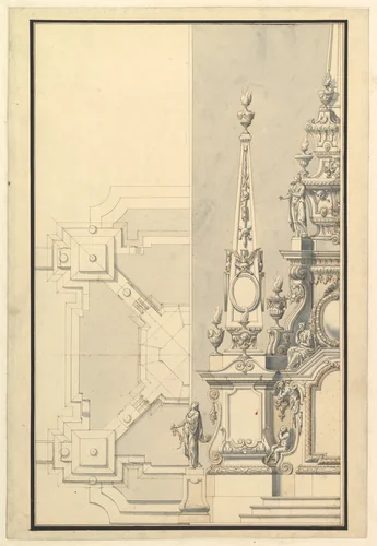 Half Ground Plan and Half Elevation for a Catafalque for a Prince of Hanover, probably Ernst August (1674–1728) by Giuseppe Galli Bibiena, drawing, 1696-1756