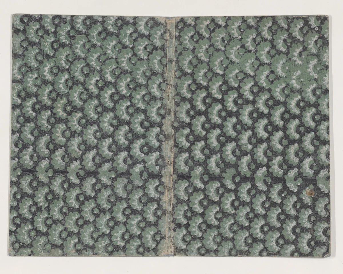 Book cover with overall green and black abstract pattern by anonymous, print, 1800-1900