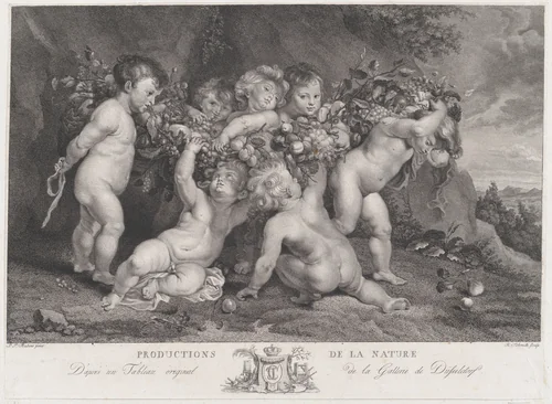 Seven putti carrying a garland of fruit by Heinrich Schmitz, print, 1775-1787