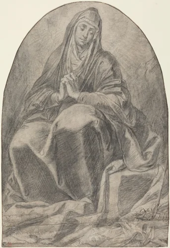 The Grieving Virgin Contemplating Instruments of the Passion by French 17th Century, drawing, 1640-1650